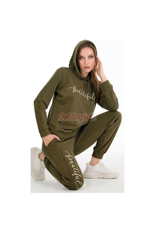 Lady Uzun Kol 22066 Kapüşonlu Ve Kanguru Cepli Haki Renk Kadın Spor Eşofman Takımı