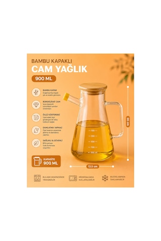Bambu Kapaklı Borosilikat Cam Yağdanlık 900 Ml Masterchef Şeffaf