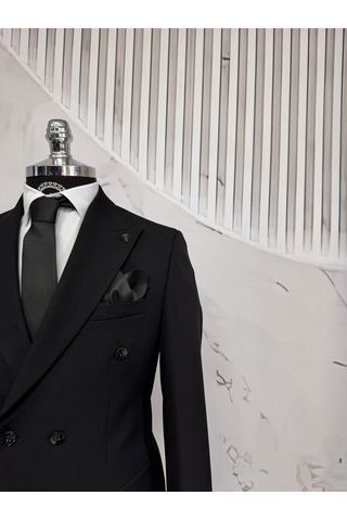 Dupont Classics Dupont Erkek Slim Fit 6 Drop Kruvaze Sivri Yaka Çift Yırtmaç Takım Elbise Siyah
