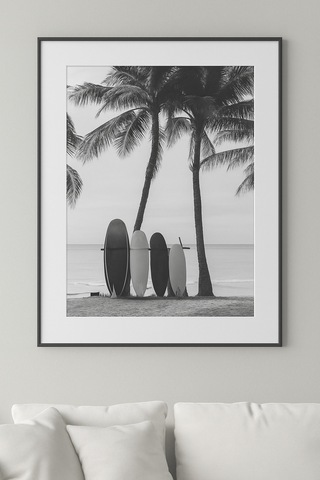 Surfboard Beach - Gerçek Cama Baskı Siyah Alüminyum Metal Çerçeveli Tekli Modern Tablo