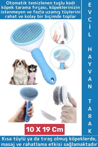 Evcil Hayvan Kendinden Tuşlu Otomatik Temizlenen Masaj Etkili Pet Kedi Köpek Tüy Toplama Tarağı Mavi