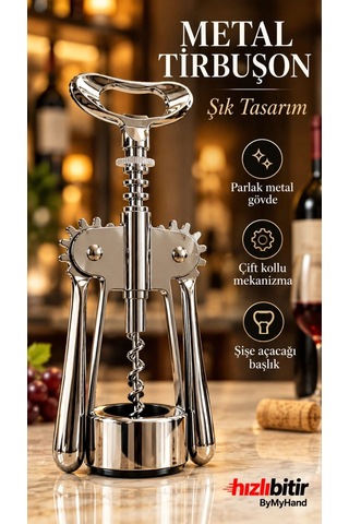 Professional Metal Krom Lüx Tirbüşon Şarap Şişe Açacağı Türbişon Tirbişon Metalik Gri