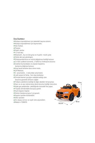 Blade Gt 12v Uzaktan Kumandalı Bluetooth Ve Usb Destekli Led Farlı Emniyet Kemerli Çocuk Akülü Araba Turuncu
