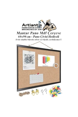 Mantar Pano Mdf Çerçeve 60x90 Cm 1 Adet Harita Çivisi Hediyeli Duvara Monte Mantar Çerçeve Evde Okulda Büroda Ofis Diğer
