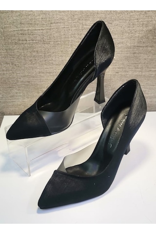 New Angel 853 Kadın Topuklu Şeffaf Detaylı Stiletto Ayakkabı Siyah Saten Siyah