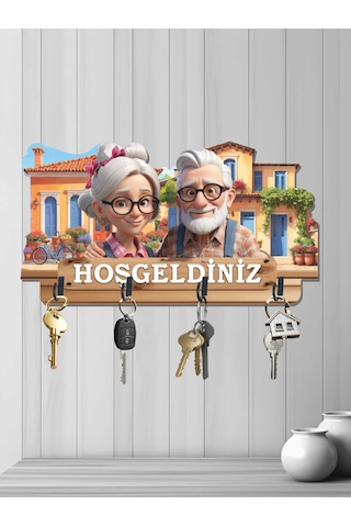 30 X 16 Cm Dört Metal Kancalı 2d Ahşap Uv Baskılı Yaşlı Hoşgeldiniz Mdf Duvar Askılığı Anahtarlık V3 Çok Renkli