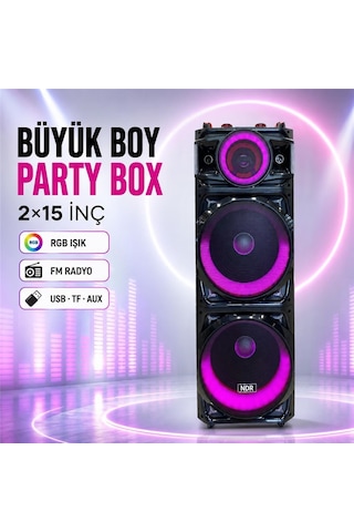 Ndr Ndr1526 Çift Karaoke Mikrofonlu Bluetooth Hoparlör Fm Radyo 100w 2x15 İnç Rgb Kumandalı Siyah