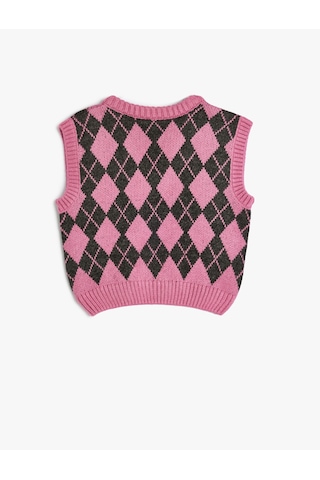 Koton Süveter Baklava Desenli V Yaka Yumuşak Dokulu Pembe Desenli 5wkg90085at Pembe