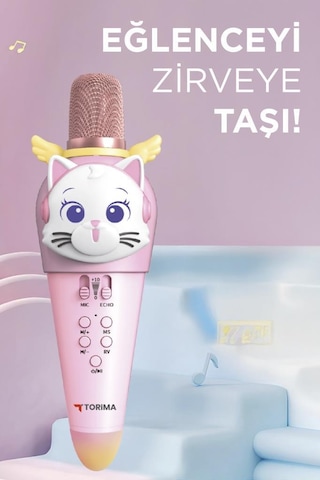Torima KIDMIC02 Pembe Kedi Figürlü Şarjlı Bt Karaoke Mikrofon Ve Hoparlör 5W Kablosuz Mikrofon