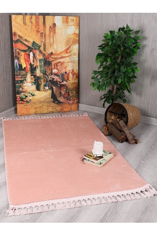 My Evilla Modern Dekoratif Örgü Saçaklı Simirna Peluş Halı Yolluk Pembe