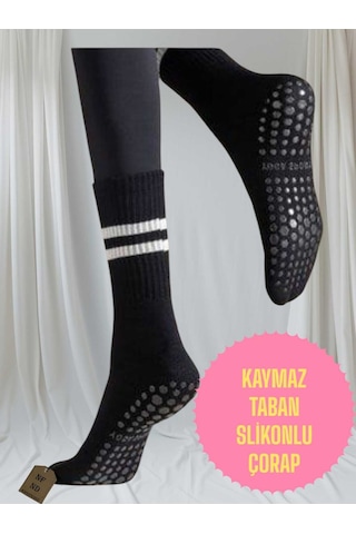 Enefendi Yoga Pilates Çorabı Kadın Kaymaz Silikon Taban Pamuklu Soket Tenis Çorap Altı Havlulu Siyah Renkli
