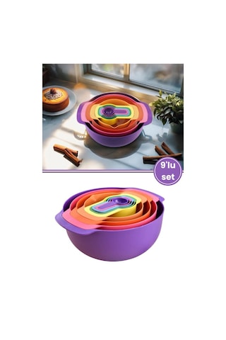 Flora Easy Mix Karıştırma Kabı Seti 9 Parça- Ölçü Kaşığı Ve Süzgeçli Hazırlık Set Mor Çok Renkli