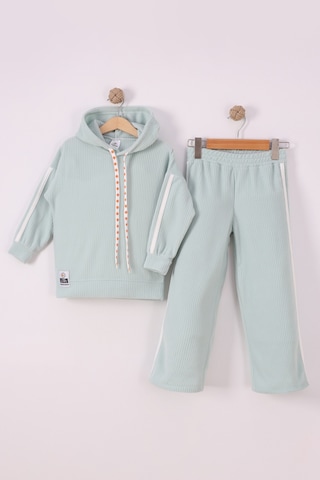 Monox Kız Çocuk Çiçek Baskılı İpli Şeritli Pantolon Fitilli Polar Takım Yeşil