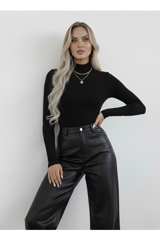 Hashtag Kadın Balıkçı Yaka Uzun Kollu Body 2'li Set Viskon Kumaş Kahverengi Siyah