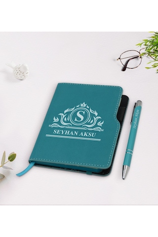 Kişiye Özel Isimli Turkuaz Termo Deri Defter Kalem Seti-12