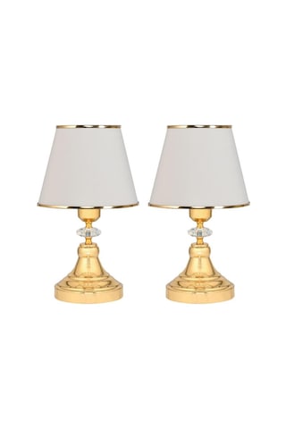 Art Deco Tarz Kristal Taş Süslü Metal Ayak Ve Gold Şeritli Krem Başlık 2'li Abajur Seti İki Adet Krem