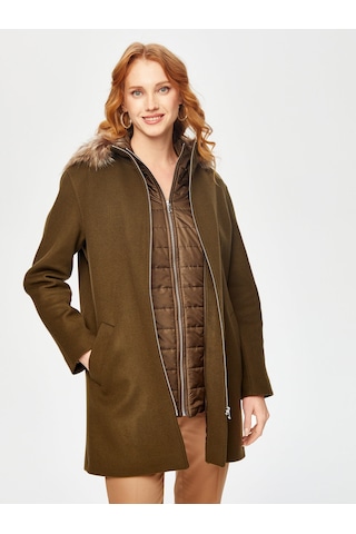 Kapitone Detaylı Kürk Kapüşonlu Yünlü Kaban 69003 U6900354 Haki