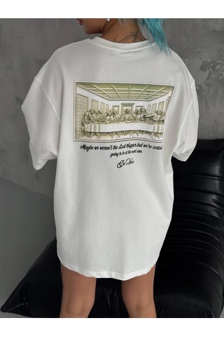 Novalisse Kadın Baskılı T-shirt Kısa Kol Bisiklet Yaka Oversize Tişört - Beyaz Çoklu Renk