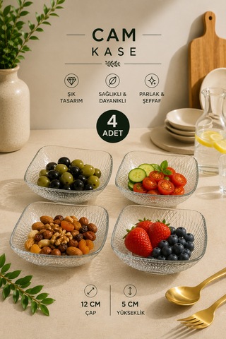 4 Adet Aster Çok Amaçlı Cam Kase Çerezlik Kahvaltılık Set Kare Sunumluk 12,5 Cm Şeffaf