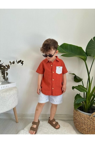 Minaz Baby Kiremit Çizgili Şortlu Takım Kiremit