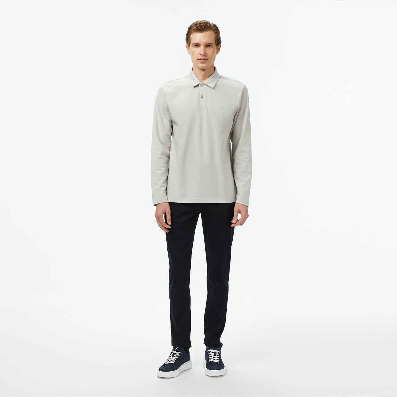 Nautica Erkek Gri Classic Fit Uzun Kollu Polo Yaka T-shirt Düz K57020t Gri