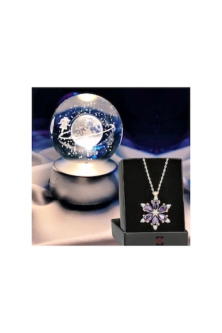 Kişiye Özel Satürn Işıklı Cam Küre 8cm 6cm Lotus Kamelya Çiçeği Kolye Hediyeli