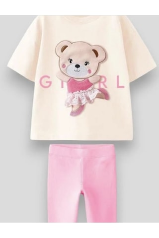 Lolliboomkids Kız Çocuk Sevimli Balerin Pembe Ayıcık T-shirt Ve Tayt Takım 3d Kabartma Aplike Nakış Baskılı Çok Renkli