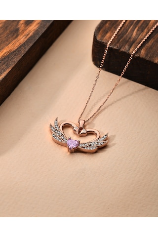 925 Ayar Zirkon Taşlı Rose Birleşen Kuğular Kalp Motifli Gümüş Aşk Kolyesi Gümüş - Rodyum