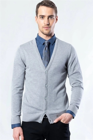 Tudors Slim Fit Dar Kesim Düğmeli Düz Pamuk Erkek Hırka-15253 Gri