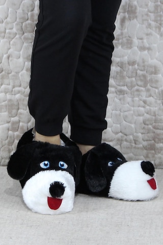 Fort Sevimli Köpek Figürlü Peluş Panduf Hayvanlı Yumuşak Kadın Panduf Siyah