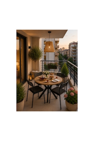 Çam 4 Kişilik Minderli Balkon Takımı, Balkon Masası, Balkon Sandalyesi, Yuvarlak Masa, Yemek Masası, Mutfak Masa Sandalye Takımı, 4 Sandalye 1 Masa Çam/siyah-siyah