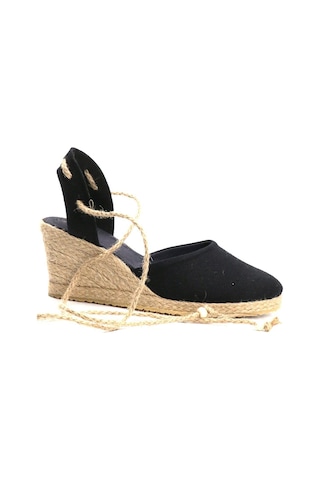 Star Tombis Gerçek Elişi Topuğu Açık Bilekten Bağlamalı Bej Dolgu Topuk Keten Hasır Espadril Handmade Siyah