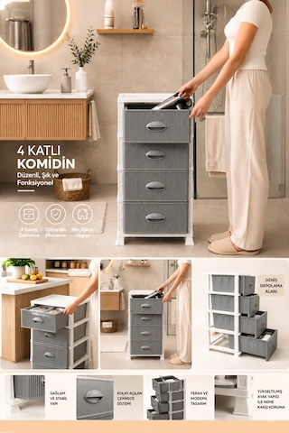Porsima 0704 4 Katlı Still Komodin Beyaz/gri Çekmeceli Sebzelik-oyuncak Sepeti-çok Amaçlı Plastik Organizer Beyaz - Gri