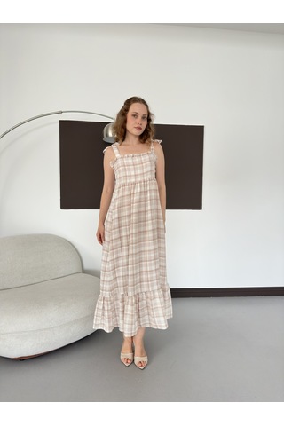 Verymoda Kadın Ekose Desenli Askı Bağlama Detaylı Maxi Elbise Kahve