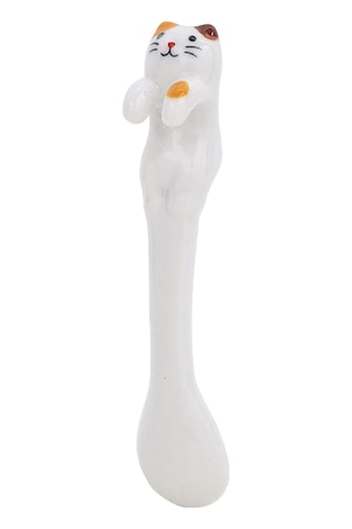 Neevoyu Seramik Kedi Şekilli Kadeh Ve Kaşık Seti, Askı Yüklü, Glaze Kaplama, 300 Ml, Beyaz, Kızlar İçin Hediye Beyaz