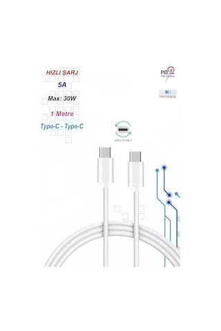 Type-c To Type-c Hızlı Şarj Kablosu 30w Pd 5.0a Samsung Huawei Xiaomi Oppo Apple Uyumlu iPad  Data Ve Şarj Kablo
