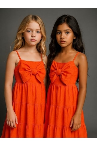 Kız Çocuk Askılı Fiyonklu Dokuma Elbise-16076 Turuncu