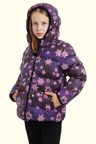 Kız Çocuk Pusula Desen Polar Su Ve Rüzgar Geçirmez Kapüşonlu Şişme Kışlık Mont Mor