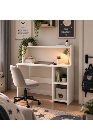 %100 Mdf Çalışma Masası Kitaplıklı Raflı Bilgisayar Ve Ders Çalışma Masası 100 Cm Beyaz