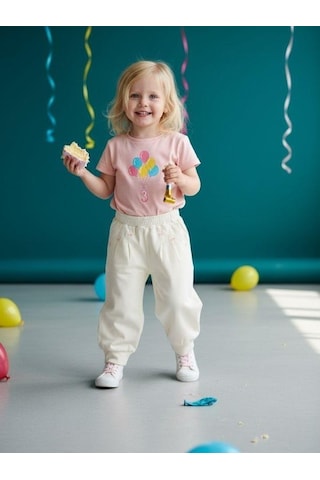 Zekids Kız Çocuk Yumuşak Dokulu Fiyonk Detaylı Yüksek Bel Pantolon-16523 Krem