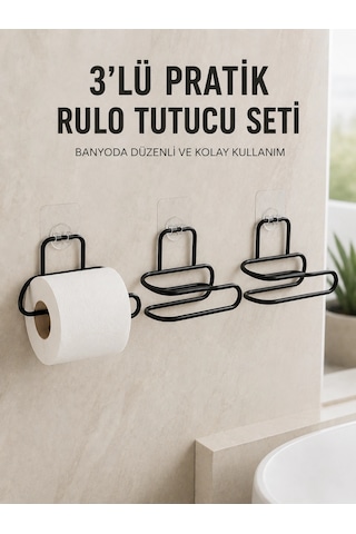 3 Lü Yapışkanlı Tuvalet Kağıdı Tutucu Seti Siyah Duvar Tipi Rulo Kağıtlık Antrasit Melanj
