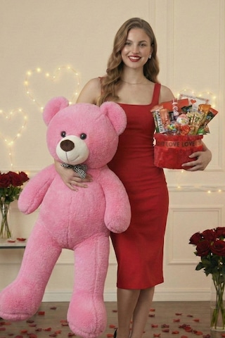 Kadınlar Günü Özel: 90 Cm Peluş Ayı Kırmızı Love Yazılı Tatlı Çikolata Sepeti Sevgiliye Hediye 27360705
