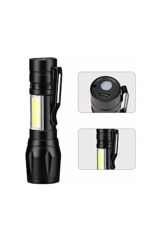 Çok Kullanışlı Pratik 2 Adet Ultra Güçlü Usb Şarjlı El Feneri Kamp Avcılık Polis Feneri Siyah