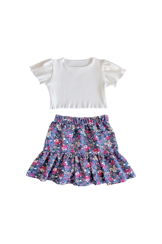 Çocuk Etekli Crop Takım, Çiçekli Fırfırlı Etek - Ekru Crop Ekru-fırfırlı Ekru