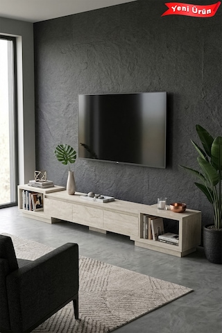 Vista Ayarlanabilir Tv Ünitesi 160-270 Cm - Uzayabilen Tv Sehpası Traverten Krem