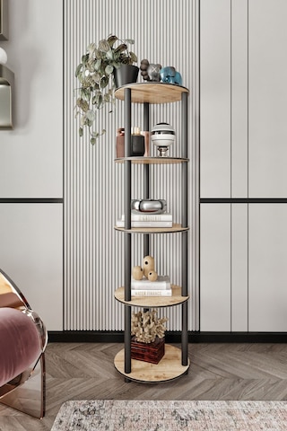 Dekoratif Masivo Kitaplık 5 Katlı 34 Çap Yuvarlak Çok Amaçlı Raf Meşe