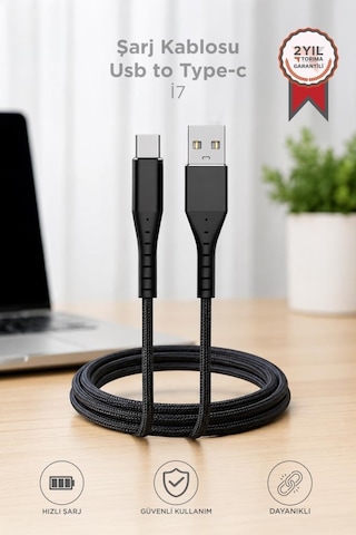 Şarj Kablosu Usb-a To Type-c Şarj Ve Data Kablosu İ7 03210 Siyah