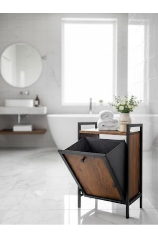 Kapaklı Çamaşır Sepeti & Banyo Düzenleyici Dolap Metal Ayaklı Modern Kirli Sepeti Organizer Ahşap