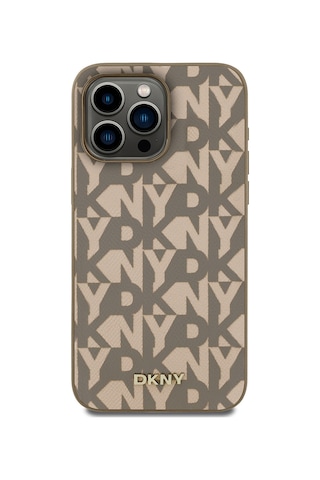 Apple Uyumlu iPhone 15 Pro Max Kılıf Dkny Lisanslı M-safe Şarj Özellikli 3d Yazılı Grid Pattern Kapak Kahverengi