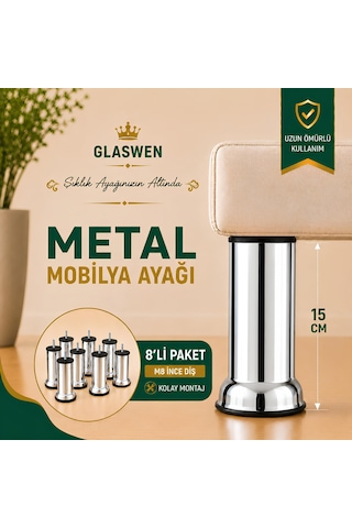 8 Adet Metal Destek Ayağı 15 Cm Krom Mobilya Kanepe Baza Koltuk Ünite Ayakları Metrik 8 Civatalı İnce Diş